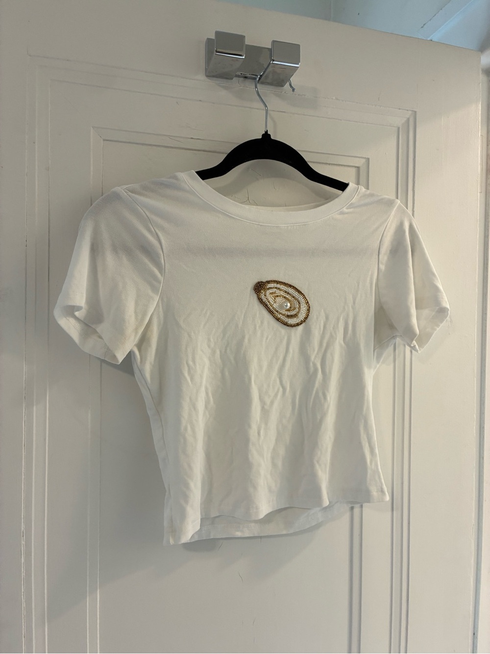 White Short Sleeve Tee with Gold Embellishment